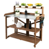 PETSCOSSET Outdoor Wooden Folding Potting Bench Table, Fir Wood Garden Workstation with Galvanized Tabletop, 2 Tier Storage Shelves, Brown