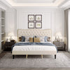 Homhougo King Size Bed Frame Upholstered Platform, Bed Frame with Square Velvet Headboard, Wooden Slats Support, Non-Slip and Noise-Free, No Box Spring Needed, Easy Assembly(Light Gray)