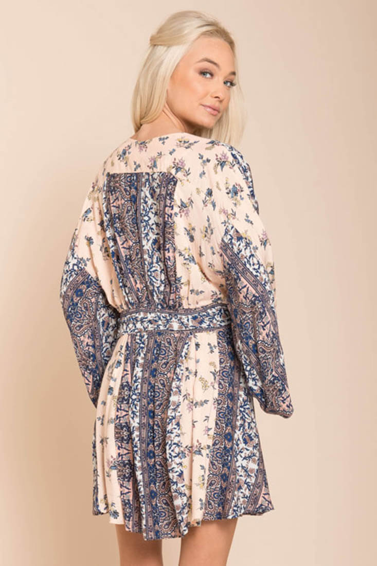 Blue Print V-Neck Bell Sleeve Mini Dress