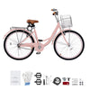 KFFKFF 26" Cruiser Bike, Single Speed,Rose-Colored Seaside Cycling Bike with Spacious Basket and Back Stand, Reliable & Robust Leisure Bicycle with Modifiable Saddle