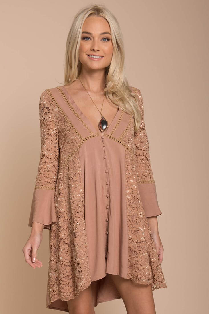 Mocha V-Neck Long Lace Sleeve Swing Mini Dress