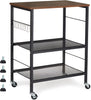Bakers Rack with Power Outlet Microwave Shelf Stand Black Coffee Bar Table Cart 3 Tier Kitchen Carts on Wheels with Storage and 10 S-Shaped Hooks for Living Room Dining Room Office