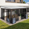 Domi Outdoor Living 10' x 12' Hardtop Lean-to Gazebo, Wall-Mounted with Galvanized Steel Roof Wall Pergola with Aluminum Frame, Curtains and Netting, for Patio, Deck, Garden, Backyard