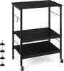 Bakers Rack with Power Outlet Microwave Shelf Stand Black Coffee Bar Table Cart 3 Tier Kitchen Carts on Wheels with Storage and 10 S-Shaped Hooks for Living Room Dining Room Office