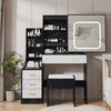 Vanity Desk with Sliding Mirror and Lights, Makeup Vanity Set with 4 Drawers, Stool, Power Outlet, Open Shelves, 3 Color Adjustable Lighting Modes, Makeup Dressing Table for Bedroom, White