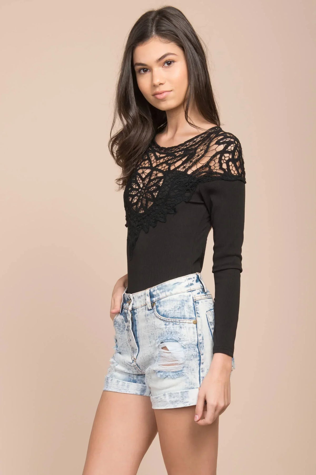 Black Long Sleeve Crochet Open-Back Bodysuit