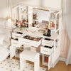 UGTOO 58.3" White Vanity Desk with Mirror, Adjustable Lighting, Power Outlet, Drawers, with Stool