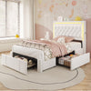 Platform Bed Twin Size with Storage Drawers and Headboard,, Twin Size Velvet Upholstered Bed with RGB Lighting and Power Outlet, No Box Spring Needed, Noise-Free, White