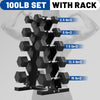 150 lb Dumbbell Set with Rack, Rubber Encased Hex Free Weights for Home Gym Strength Training