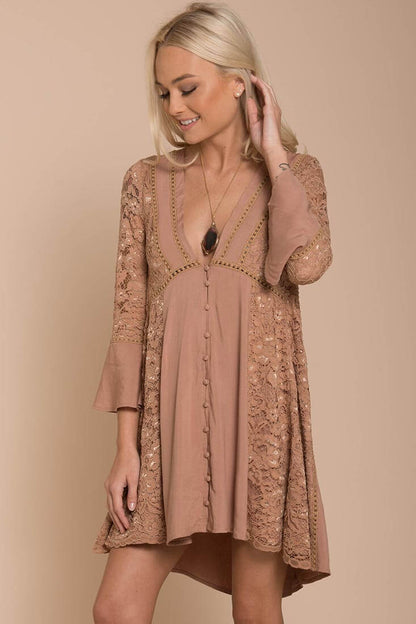 Mocha V-Neck Long Lace Sleeve Swing Mini Dress