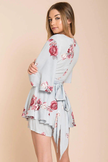 Light Blue Floral Print Deep V-Neck Tie-Back Romper