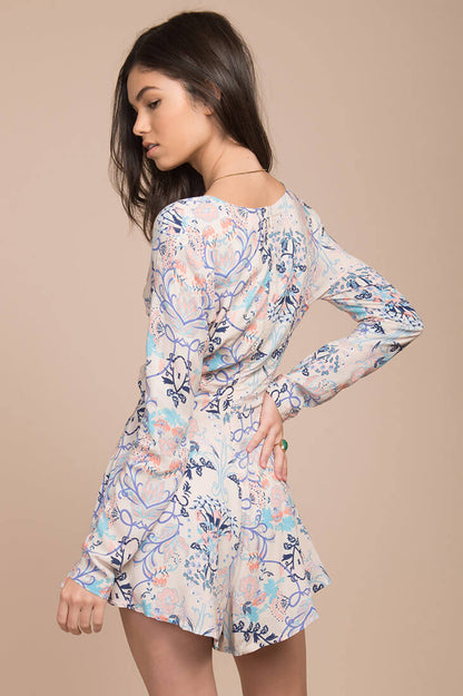 Blue Multi Long Sleeve Cut-Out Bohemian Romper