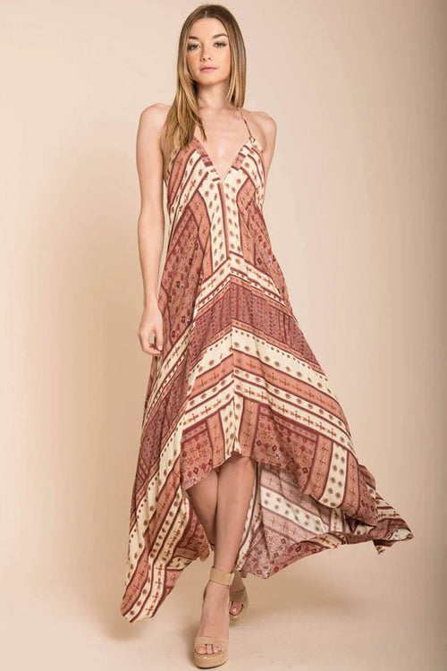 Rust Patterned V-Neck Open-Back High-Low Maxi Dress