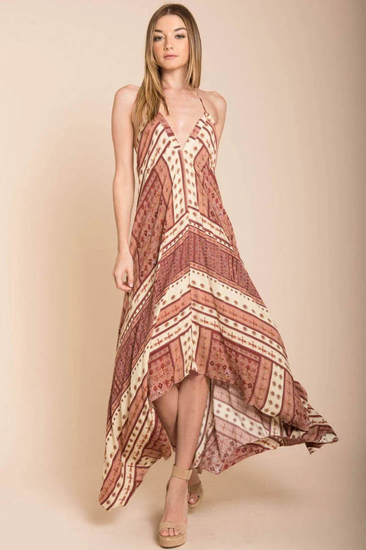 Rust Patterned V-Neck Open-Back High-Low Maxi Dress