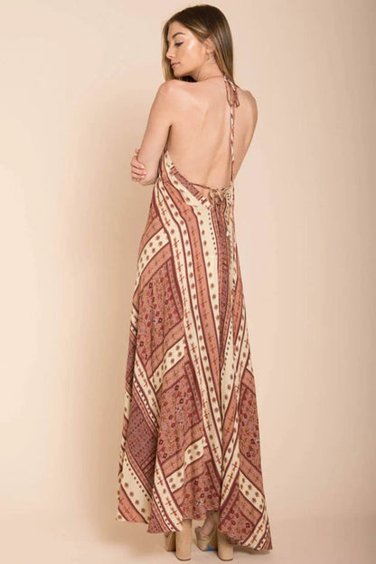 Rust Patterned V-Neck Open-Back High-Low Maxi Dress