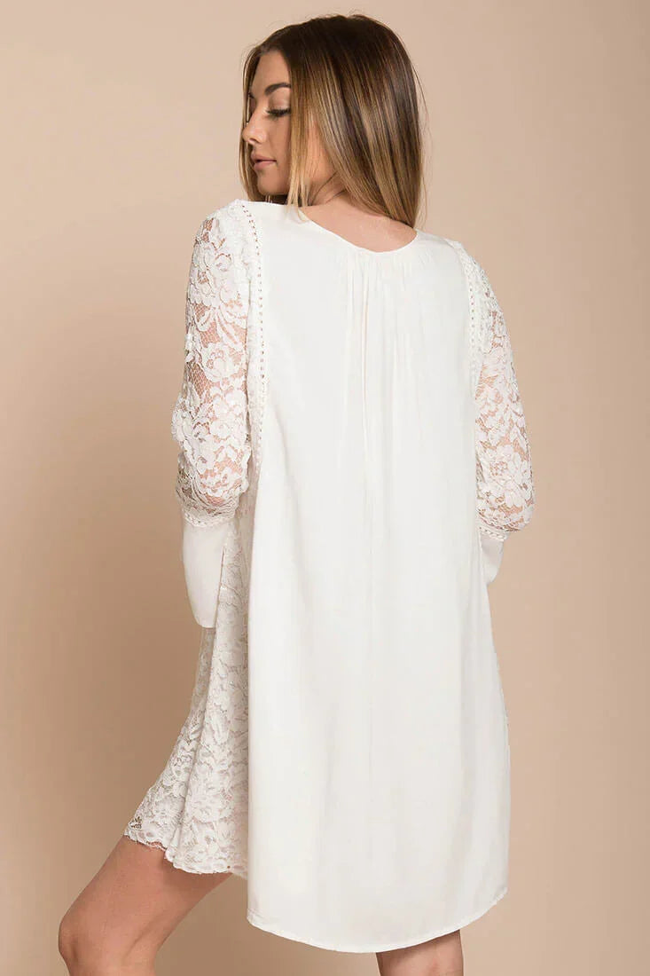 White V-Neck Long Lace Sleeve Swing Mini Dress