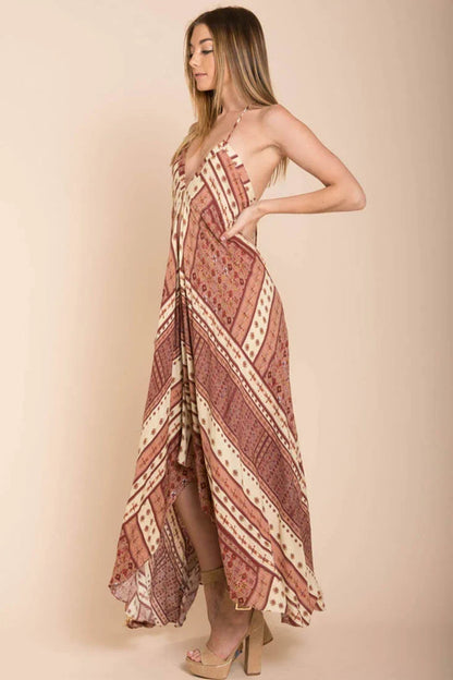 Rust Patterned V-Neck Open-Back High-Low Maxi Dress