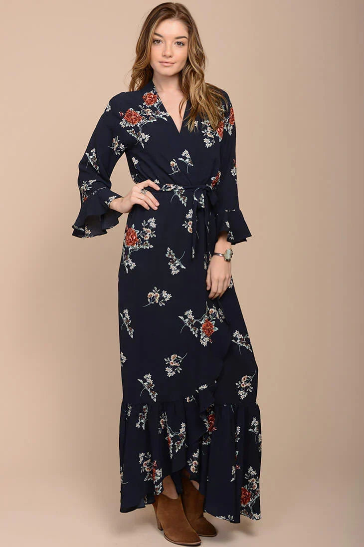 Navy Floral Print Long Sleeve Wrap Maxi Dress