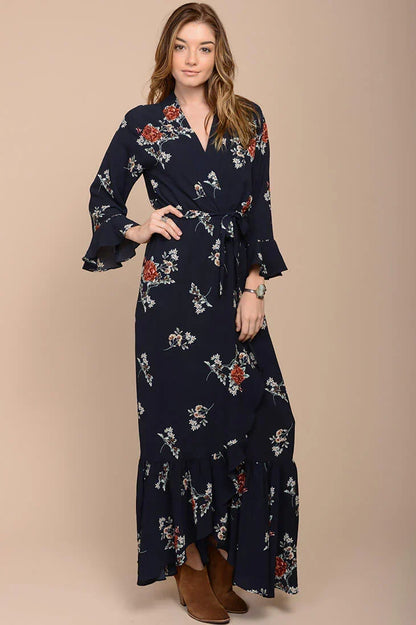 Navy Floral Print Long Sleeve Wrap Maxi Dress