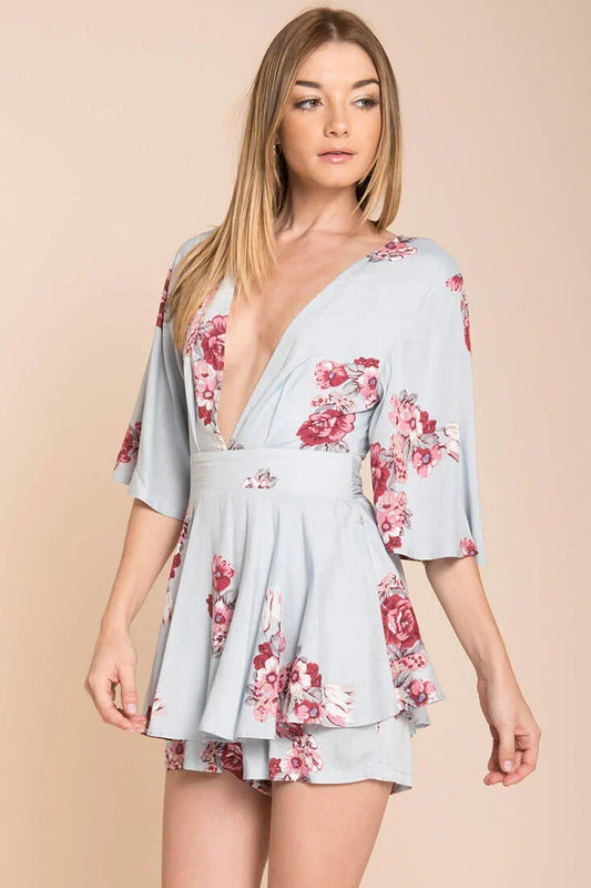 Light Blue Floral Print Deep V-Neck Tie-Back Romper