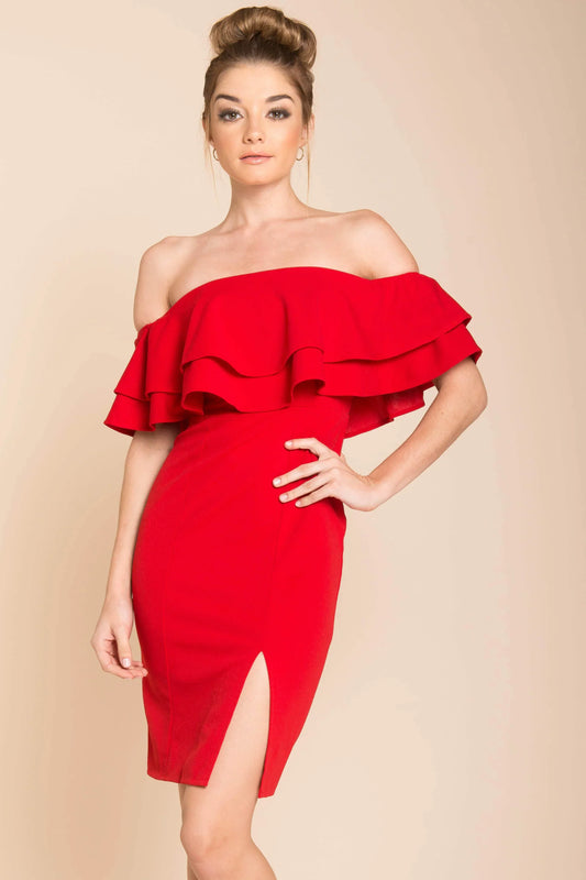 Red Off-The-Shoulder Ruffle Bodycon Knee-Length Dress
