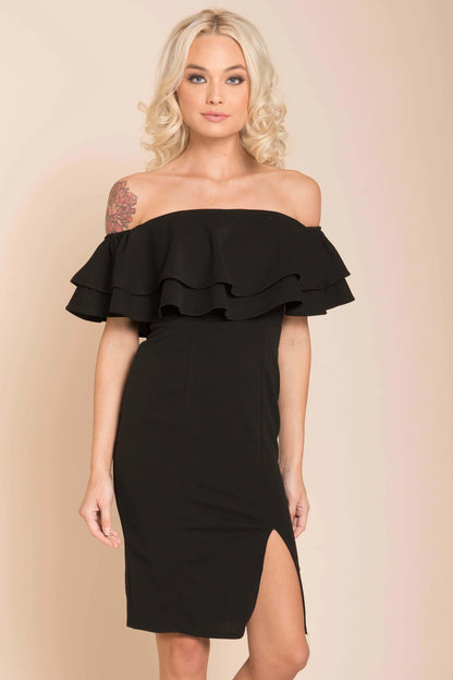 Black Off-The-Shoulder Ruffle Bodycon Knee-Length Dress
