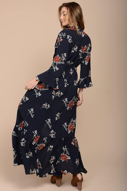 Navy Floral Print Long Sleeve Wrap Maxi Dress