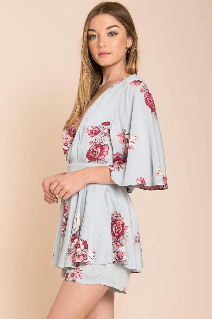 Light Blue Floral Print Deep V-Neck Tie-Back Romper