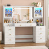 Blotout 62'' Large Vanity Desk w/60000-color LED Lights, Tempered Glass Top, Power Outlet, Makeup Vanity Table w/ 3 Lights Mode Mirror, 9 Drawers, 2 RGB Cabinets, LED Dressing Table for Girls, Women