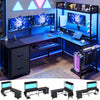 L Shaped Computer Desk with Power Outlet and LED Strip, Reversible Corner Gaming Desk with 2 Drawer and Keyboard Tray, Black