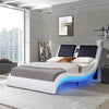 OYang King Size Platform Bed Frame wth LED Light And USB Charging Ports Headboard, Wave-Like Curve Backrest Vibration Massage Upholstered Faux Leather Bed for Home