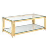 Estrel Glass Top Contemporary Metal Coffee Table with Lower Shelf in Gold