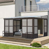 Domi Outdoor Living 10' x 12' Hardtop Lean-to Gazebo, Wall-Mounted with Galvanized Steel Roof Wall Pergola with Aluminum Frame, Curtains and Netting, for Patio, Deck, Garden, Backyard