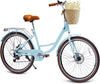 26" Beach Cruisers for Women, Pipleo Bikes for Women with Rattan Basket, 7-Speed & Step-Through Frame