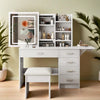 Montary Modern Mini Vanity w/Adjustable LED Mirror + Hidden Storage, Padded Stool & Dustproof Shelves (White)