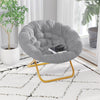 BizChair 38" Oversize Portable Faux Fur Folding Saucer Moon Chair for Dorm and Bedroom, Gray Faux Fur/Soft Gold Frame