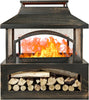 Large Outdoor Wood Burning Fireplace, house shape Outdoor Log Burner Fire Pit with Log Grate and Poker, 37" x 32" x 18" Large Metal Firepit for Patio Garden Backyard, Black