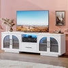 TV Stand for 75 inch TV, LED TV Stand for Living Room,70" Entertainment Center with Arched Glass Doors, Faux Marble Wood Finish Top, Adjustable Shelves, and LED Lighting, Black