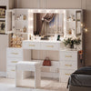 UGTOO 58.3" White Vanity Desk with Mirror, Adjustable Lighting, Power Outlet, Drawers, with Stool