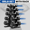 150 lb Dumbbell Set with Rack, Rubber Encased Hex Free Weights for Home Gym Strength Training
