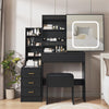 Vanity Desk with Sliding Mirror and Lights, Makeup Vanity Set with Power Outlet, 4 Drawers, Stool, Open Shelves, 3 Color Lighting Modes, Brightness Adjustable, Makeup Dressing Table for Bedroom