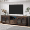 TV Stand for 75 inch TV, LED TV Stand for Living Room,70" Entertainment Center with Arched Glass Doors, Faux Marble Wood Finish Top, Adjustable Shelves, and LED Lighting, Black