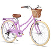 Glerc Missy 24" inch Girl Cruiser Kids Bike 6-Speed Teen Hybrid City Bicycle for Youth Ages 7 8 9 10 11 12 13 14 Years Old with Wicker Basket & Lightweight, Pink