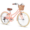 Glerc Missy 24" inch Girl Cruiser Kids Bike 6-Speed Teen Hybrid City Bicycle for Youth Ages 7 8 9 10 11 12 13 14 Years Old with Wicker Basket & Lightweight, Pink