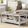 Moasis Farmhouse Coffee Table with Storage 2-Tier Center Table for Living Room Grey Wash Top+White