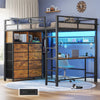 Afuhokles Twin Size Loft Bed with Desk and 8 Storage Drawers and Charging Station, Metal Loft Bed Twin with LED Lights, Storage Shelves, Black